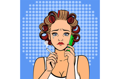 Pop art girl with phone crying