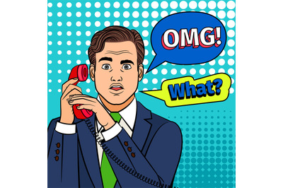 Pop art surprised man with phone