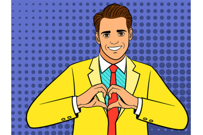 Pop art man heart hand sign