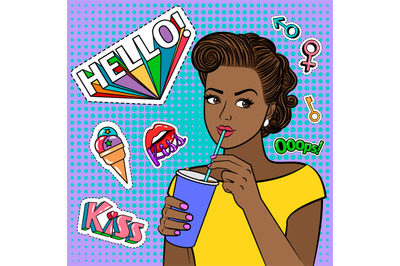 Pop art african girl with drink