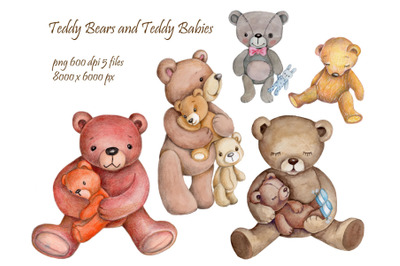 Watercolor Teddies and teddy babies.