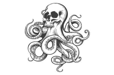 Hand Drawn Tattoo of Skull with Octopus Tentacles