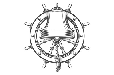 Hand Drawn Tattoo of Ship Bell and Steering Wheel