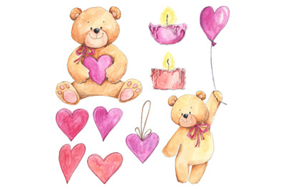 Love watercolor set with teddy bears and hearts