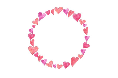 Love watercolor circle frame (wreath) with hearts