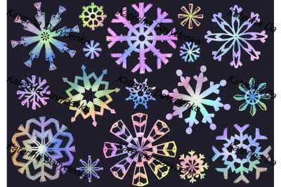 Set of colorful pastel snowflakes drawings, winter clipart