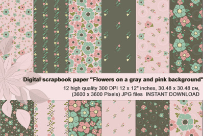 Vintage flowers, Gray and Pink Digital Paper