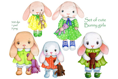 Set of cute Bunny girls. Watercolor.