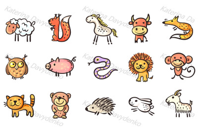 Set of small sketchy animals