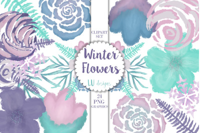 Winter Watercolor Flowers Clipart, Wedding Purple Floral Wreaths
