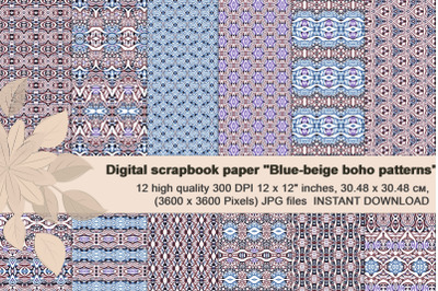 Blue-Beige Boho Patterns, Ethnic Digital  Paper.