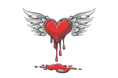 Cartoon Bleeding heart with Wings. Vector Illustartion.