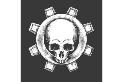 Human Skull And Gear Emblem. Vector illustration.