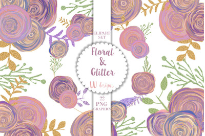 Roses Clipart, Floral Glitter Illustrations, Wedding Flowers Graphics