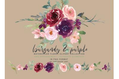 Burgundy &amp; Purple Watercolor Floral Clipart Set