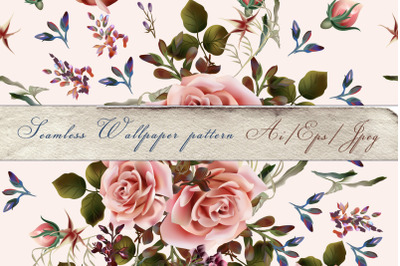 Beautiful pattern illustration with pink rose flowers in vintage style
