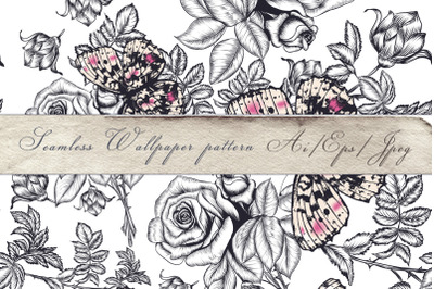 Fashion vintage beautiful vector pattern rose flowers and butterflies