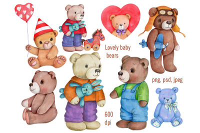 Lovely baby bears. Watercolor illustrations.