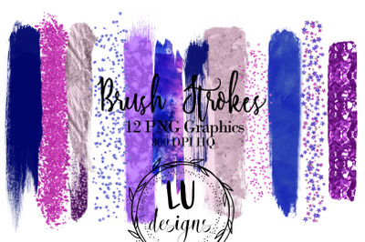 Purple Blue Pink Brush Strokes Clipart, Metallic Foil Glitter Textures