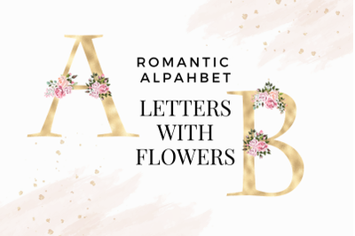 Blush florals alphabet&2C; Gold foil alphabet with flowers&2C; Floral fonts