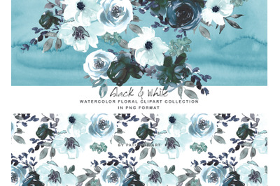 Black and White Watercolor Floral Clipart Set