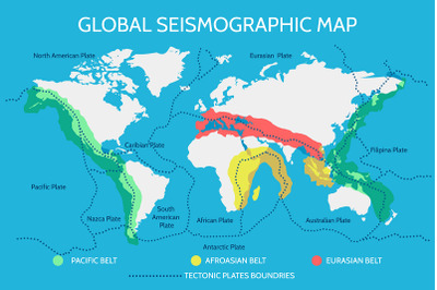 World Seismographic Map with Earthquake Belts and Tectonic Plates