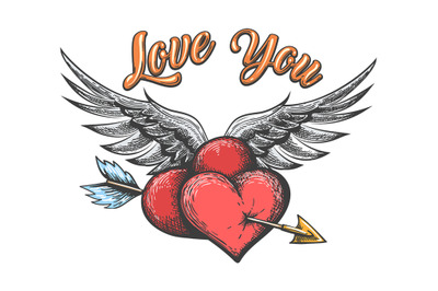 Two Winged Hearts Pierced by Arrow Tattoo