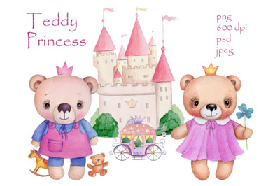 Watercolor Teddy Bear Princess Girls.