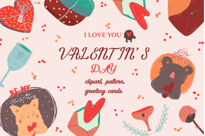 Valentine clipart, pattern and greeting cards