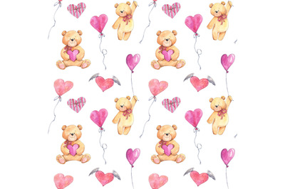 Love seamless pattern with teddy bears, balloons, hearts