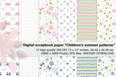 Summer patterns pink blue and green, Digital  Paper