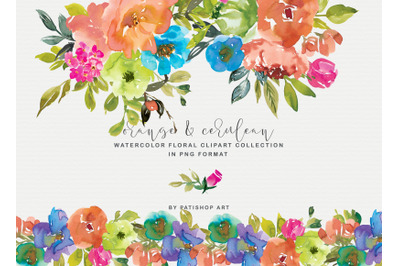 Orange &amp; Cerulean watercolor Floral Clipart Set