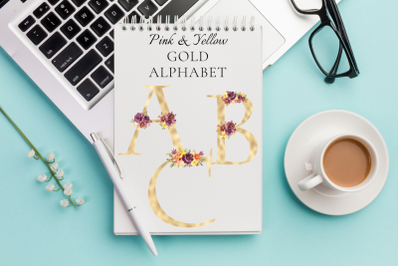 Blush florals alphabet, Gold foil alphabet with flowers
