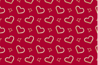 golden watercolor hearts and stars seamless pattern on red background