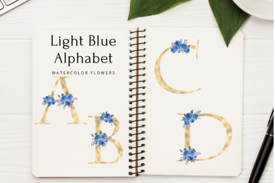 Blue Blush florals alphabet&2C; Blue Gold foil alphabet with flowers