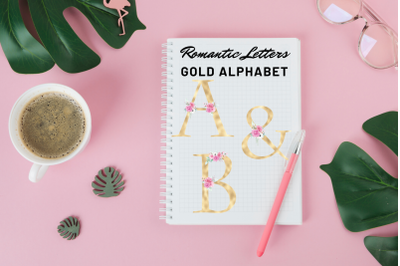 Romantic Pink florals alphabet&2C; Gold foil alphabet with flowers