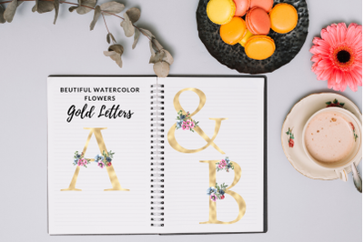 Romantic Pink florals alphabet&2C; Gold foil alphabet with flowers