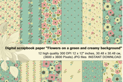 Vintage flowers on creamy and mint background, Digital paper