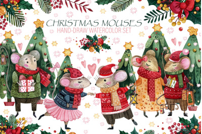 Christmas mouses watercolor collection