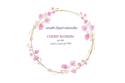 watercolor cherry blossom wreath with golden circle