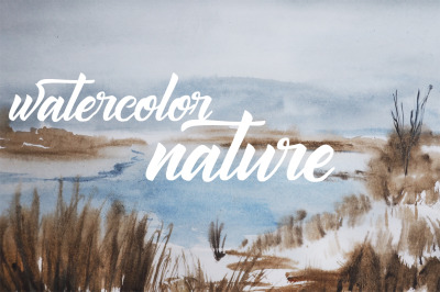 winter and spring  watercolor landscape