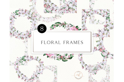 Watercolor Apple Blossom Frames Clipart. Spring Flowers clip art. Wate