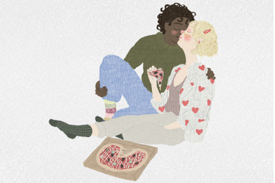 Lovely cartoon couple sitting with a pizza - valentine cute, cozy illu