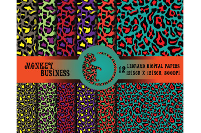 Fashionable leopard print, digital paper pack, 12 seamless patterns