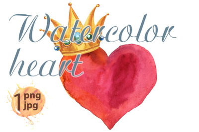 Watercolor red heart with crown