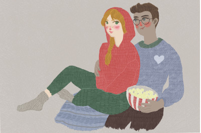 Romantic couple sitting and hugging - lovely cartoon illustration