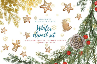 Winter clipart set. Hand painted watercolor Christmas collection.