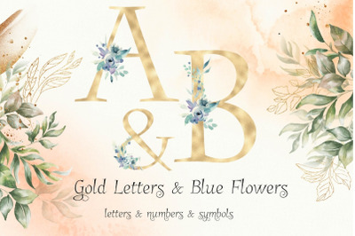 Gold foil alphabet with blue flowers