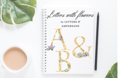 Delicate Roses Floral printable alphabet, Gold foil alphabet