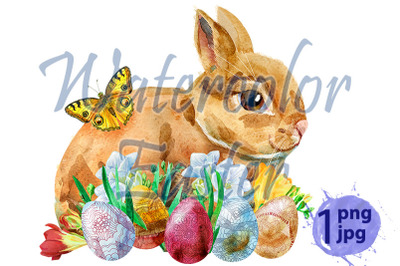 Watercolor illustration of a beige rabbit with eggs and grass